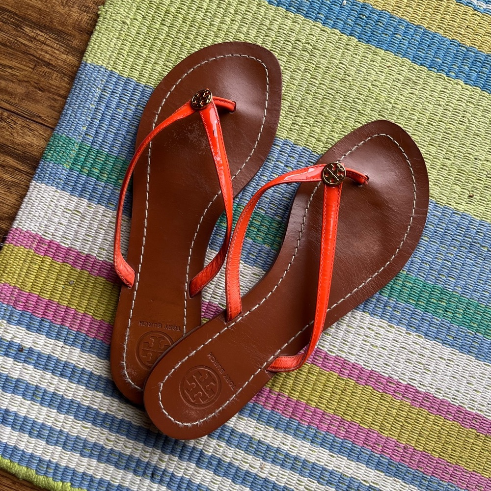 Tory Burch Orange and Brown Sandals with Leather Footbed